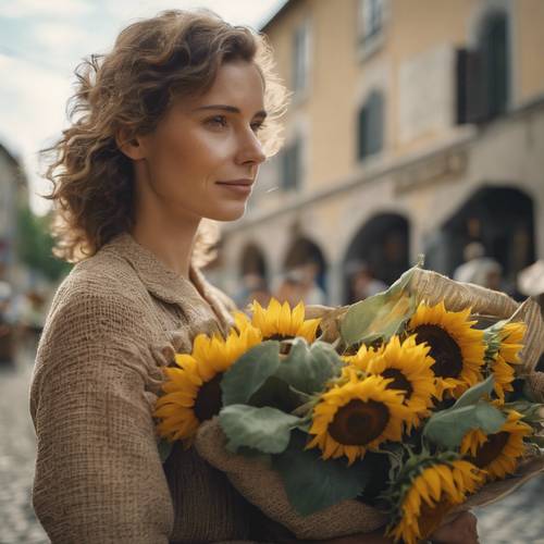 Köy pazarında bir buket ayçiçeği tutan zarif bir Fransız kadın