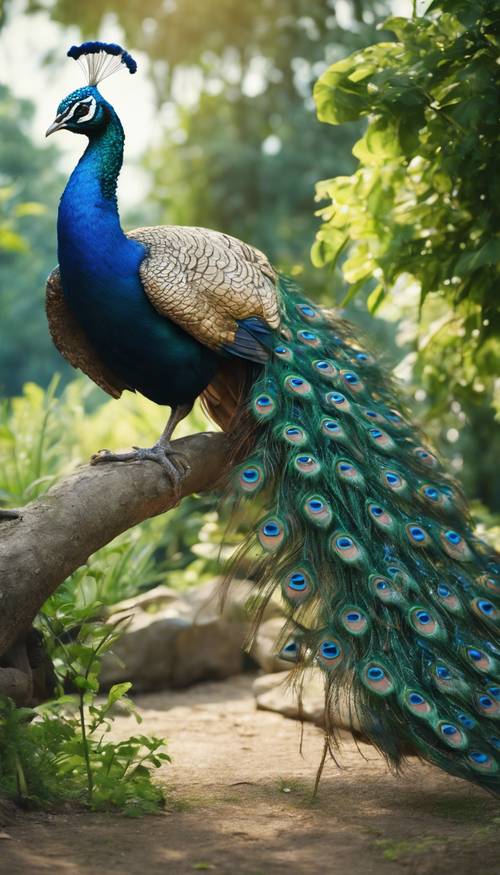 Seekor burung merak biru yang megah dengan bulu emas tersebar di taman hijau subur pada siang hari.