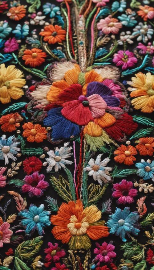Zbliżenie pojedynczego tradycyjnego meksykańskiego haftu kwiatowego z misternie zszytymi płatkami w tęczowej kolorystyce.