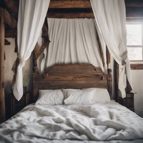 Crisp white sheets and a quilted blanket on a four-poster bed in a rustic cottage.