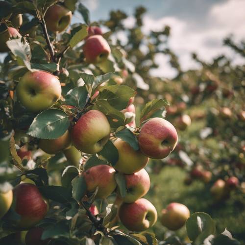 An apple tree full of ripe apples during harvest season. Tapeta [3d012225be184bbca1eb]