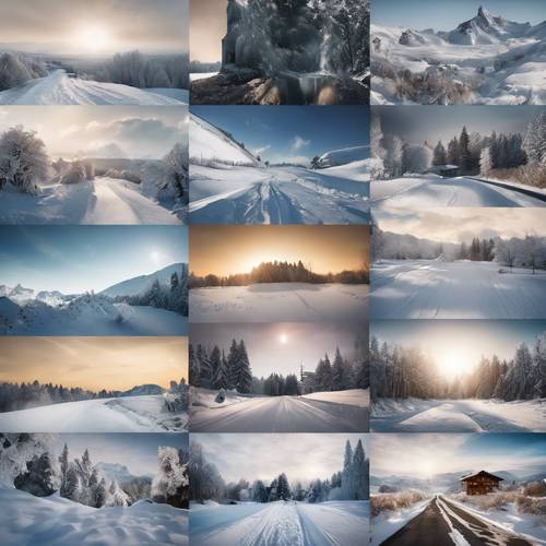 Snowy landscapes from various countries merged in a single collage.