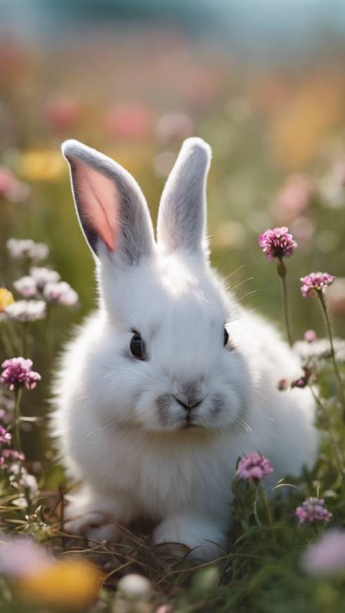 Um coelhinho, branco puro com pelo macio, sentado em um campo de flores silvestres coloridas.