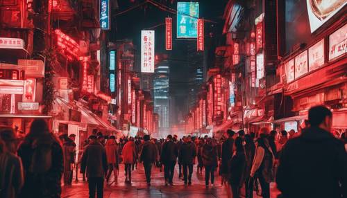 A night scene of a bustling city with neon red lights.
