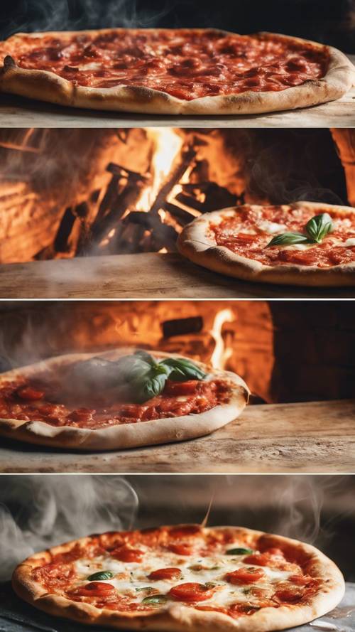 A steaming, freshly baked Margherita pizza straight out of a traditional Italian wood-fired oven.