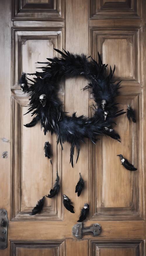 Una macabra corona navideña hecha de plumas negras y calaveras de cuervo, colgada de una puerta de madera rayada.