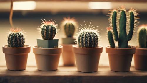 A group of small, cute cacti standing together on a wooden shelf indoors.