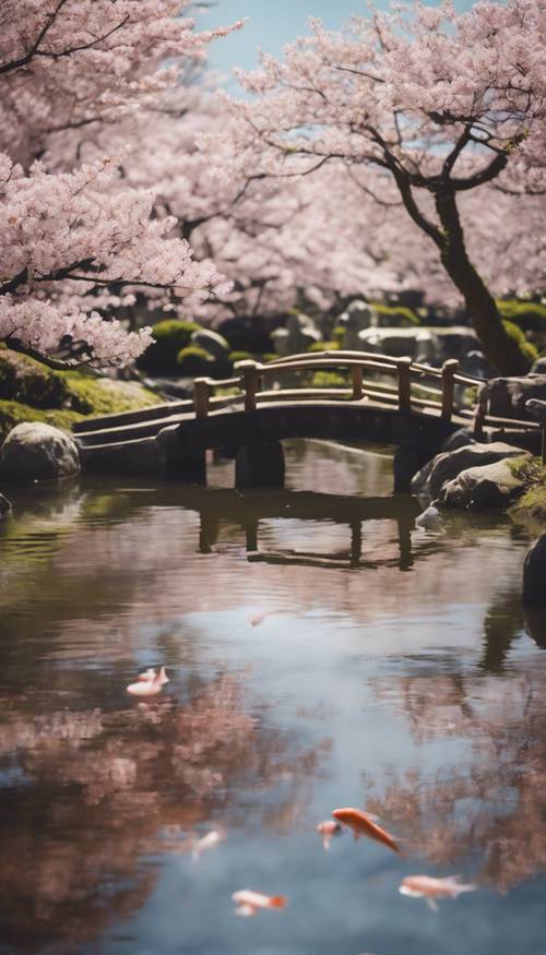 Eine minimalistische Darstellung des Frühlings in einem japanischen Garten mit einem einsamen Koi-Fisch, der in einem ruhigen Teich unter Kirschblütenbäumen schwimmt.