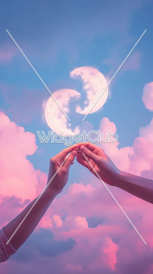 Touching Hands Under Twin Moons in Pink Sky