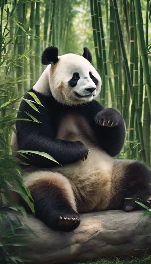 A large majestic panda lounging in a bamboo grove during a cool summer evening.