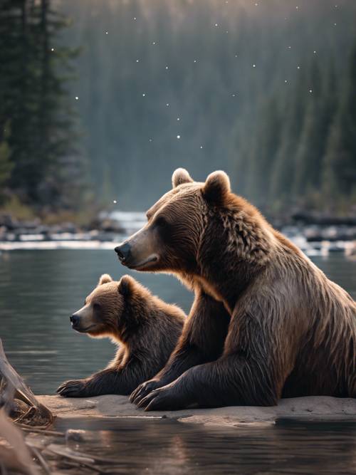 这幅温馨的场景：一只灰熊妈妈和她的幼崽在淡淡的月光下躺在平静的河边。