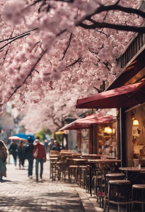 Seni dinding yang menggambarkan pemandangan kafe trotoar di bawah pohon sakura.