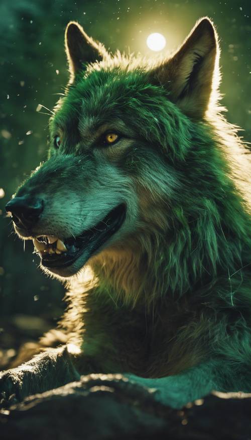 A fierce green wolf snarling at an unseen threat in the moonlight. Tapeta [2ee896c04ed14ef58509]