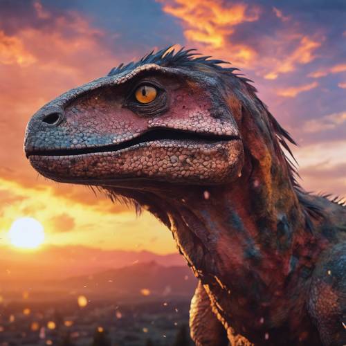 A colorful Utahraptor painting a breathtaking sunset on the canvas of the evening sky.