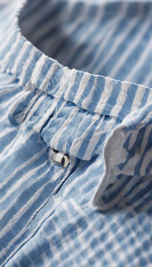 Une paire de shorts preppy en seersucker bleu clair et blanc, soigneusement pliés.