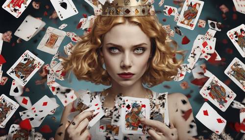 Alice surrounded by a swarm of playing cards thrown by the Queen in anger.