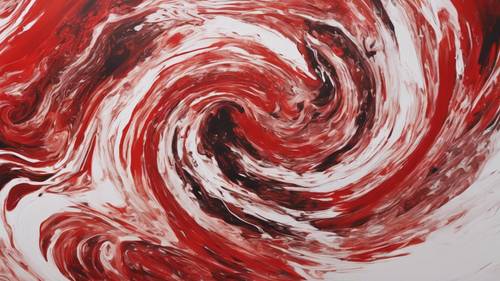 An abstract painting featuring bold, swirling patterns of red and white.