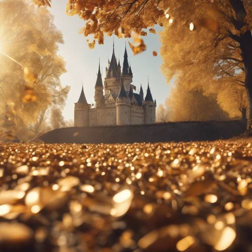 夢の中の秋の陽射しを受ける黄金色の魔法の城