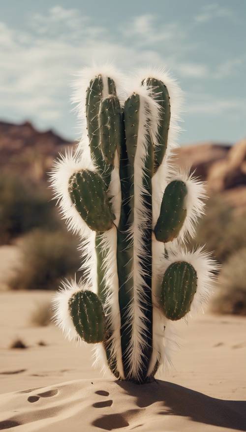 un cactus auquel sont attachées des plumes blanches de style bohème, debout sur un fond sablonneux