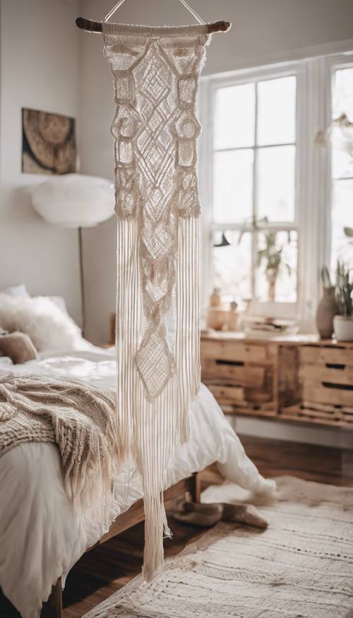 Un dormitorio sencillo de estilo boho con un tapiz de macramé blanco