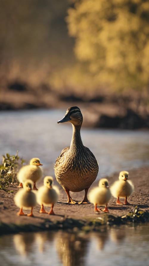 A mother duck and her row of tiny ducklings in soft yellow fluff strutting along the bank of a peaceful river.