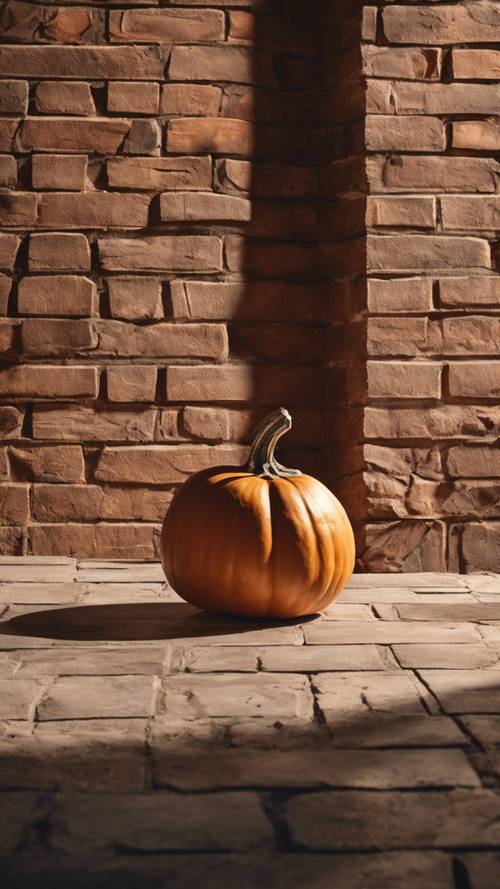 An angled view of a polished pumpkin placed against an exposed brick wall, with both light and shadow playing on its surface