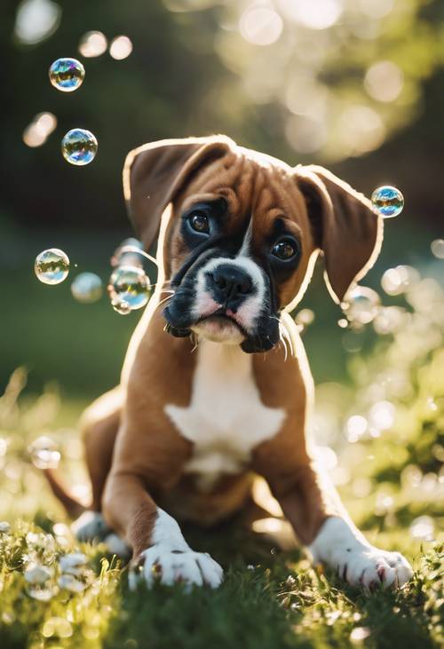 A confused boxer puppy encountering bubbles for the first time in a sunlit garden.