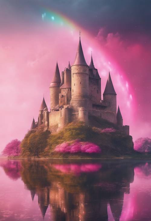 Sebuah kastil kuno yang dikelilingi oleh pelangi mistis berwarna merah muda.