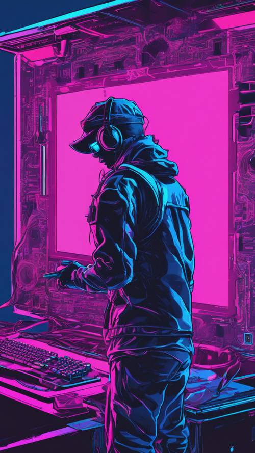 صورة ظلية للاعب أمام شاشة ألعاب عملاقة باللون الأزرق النيون.