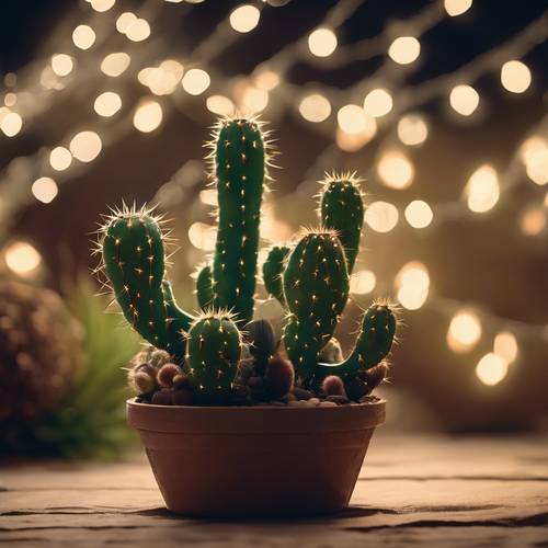 Un giardino di cactus che brilla sotto la luce soffusa di una ghirlanda di luci.