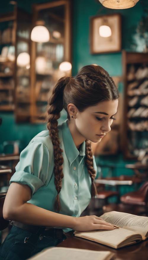 一个扎着马尾辫的预科生女孩，在一间复古的咖啡馆里学习，咖啡馆的墙壁是蓝绿色的，她手里拿着皮革封面的书籍。