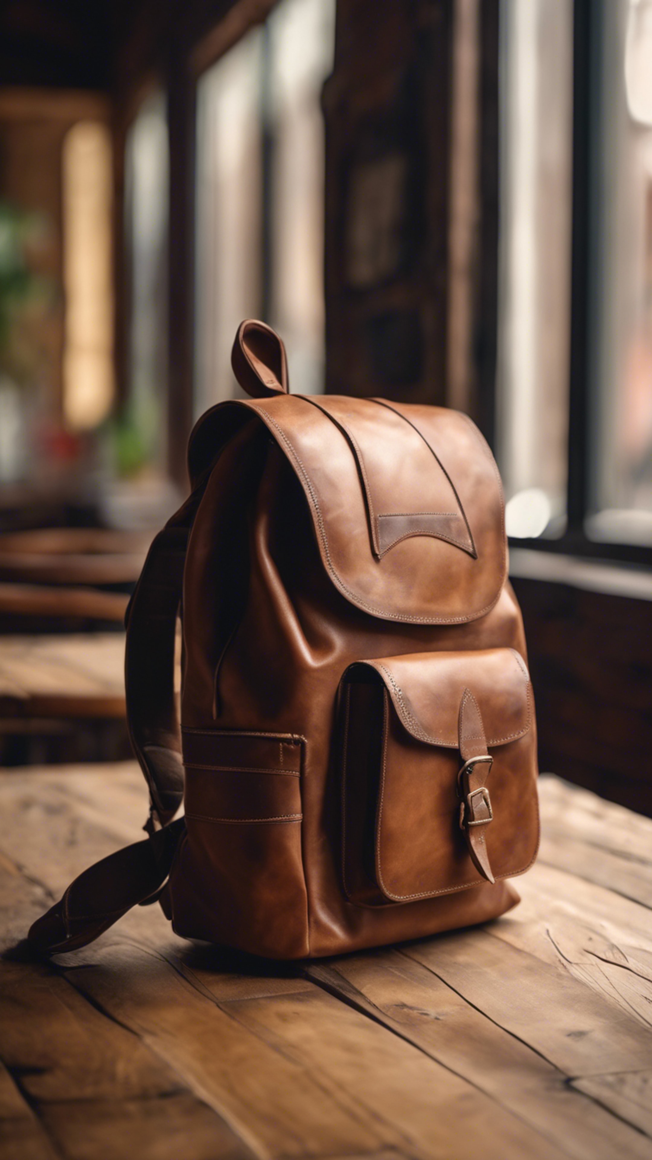 A vintage brown leather backpack sitting on a wooden table in a cozy café. Tapeta[7ce12483b5e34217b072]
