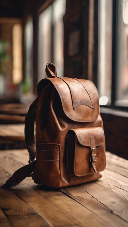 A vintage brown leather backpack sitting on a wooden table in a cozy café.