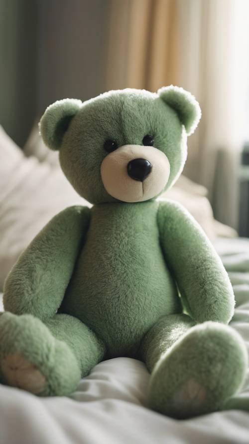 An adorable teddy bear made of sage green plush fabric on a child's bed.
