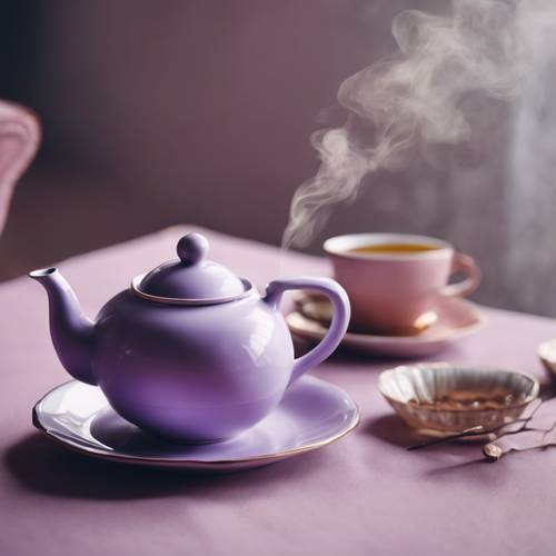 Martwa natura przedstawiająca pastelowy fioletowy dzbanek do herbaty z dopasowaną filiżanką wypełnioną parującą gorącą herbatą.