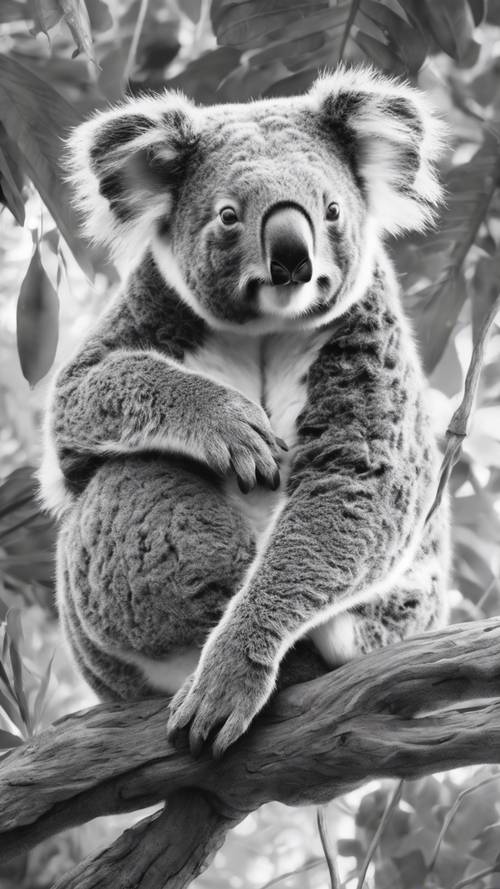 A detailed black and white pencil sketch of an endearing koala portrait.