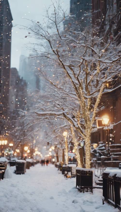 Una strada di New York City innevata alla vigilia di Capodanno, con decorazioni natalizie scintillanti e alberi illuminati.