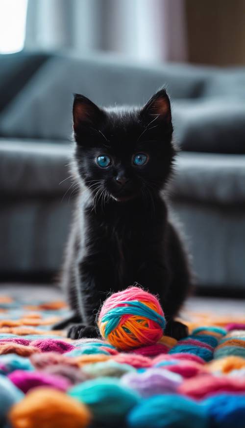 Seekor anak kucing hitam tengah malam bermain dengan bola benang berwarna-warni di atas permadani yang lembut dan halus.