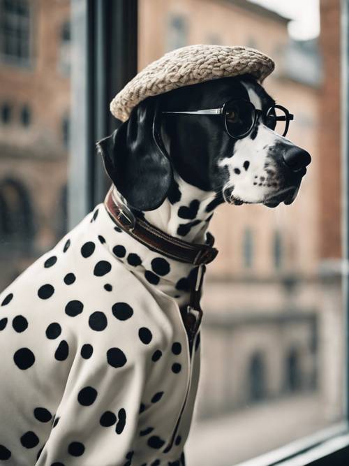Dalmatian in a fancy preppy attire, glasses, and a matching hat, looking earnestly out of a university window.