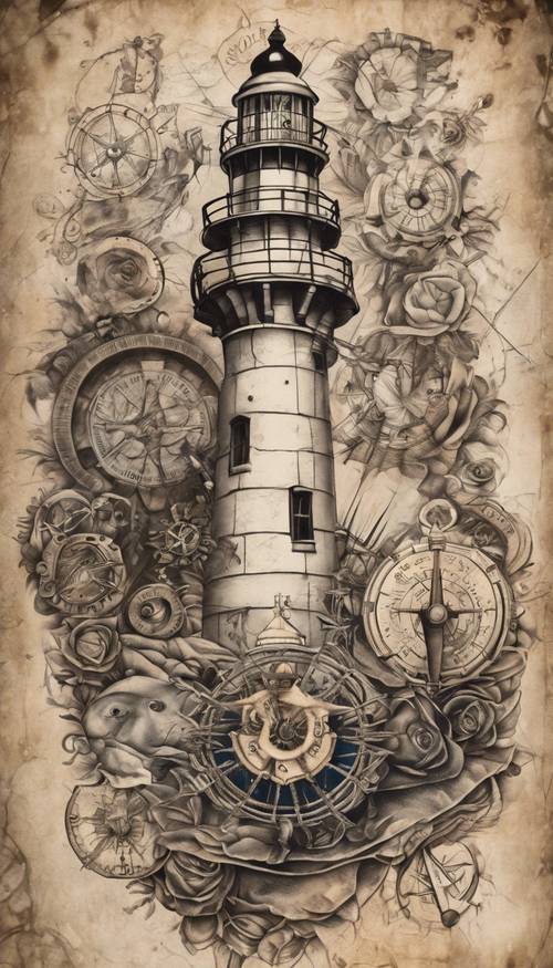 Manga de tatuagem com tema náutico vintage contendo uma bússola, roda de navio e farol.