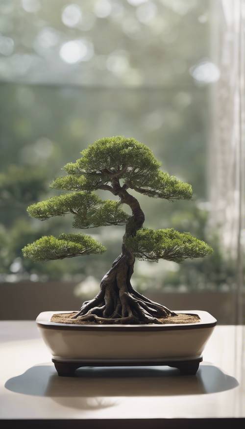 Gambar fotorealistik pohon bonsai yang diletakkan di atas meja kaca transparan dengan lingkungan minimalis.