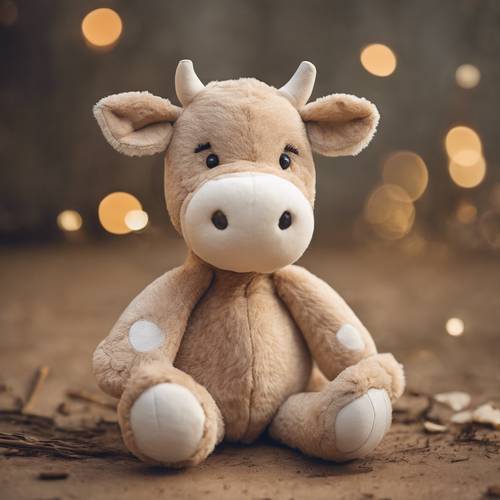 Pluszowa zabawka dla dzieci z beżowym nadrukiem krowy.