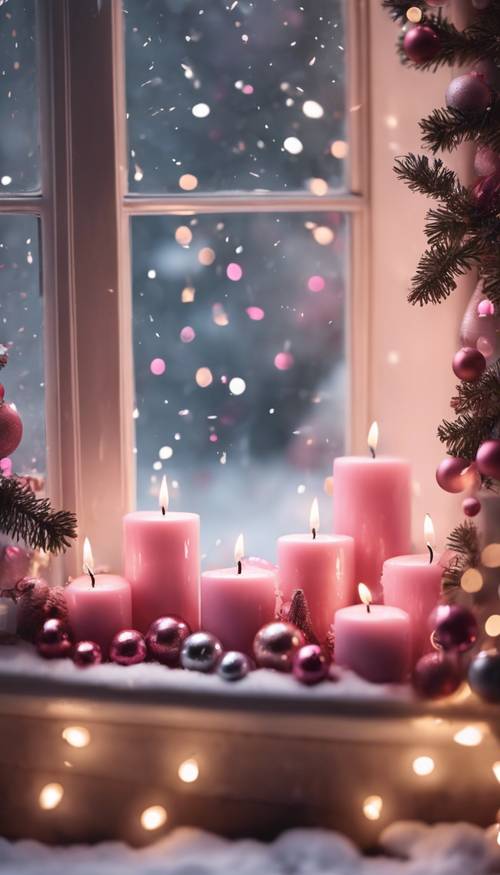 Un alféizar nevado decorado con velas y adornos navideños de color rosa. Fondo de pantalla [cfaf625f402c4e92983e]