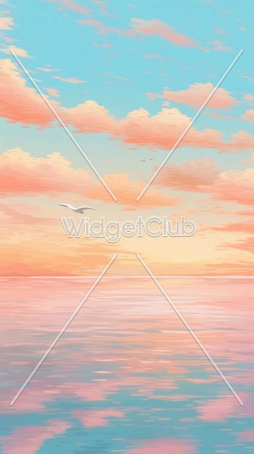السماء الملونة والمحيط عند شروق الشمس مع طيور النورس الطائرة