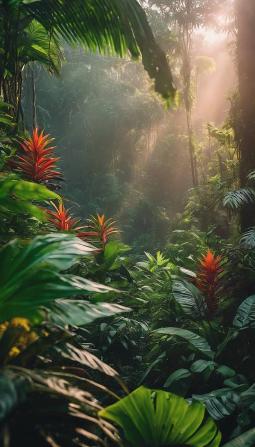 Hutan hujan tropis yang tumbuh subur saat fajar dengan beragam spesies tanaman berwarna-warni dan unik.