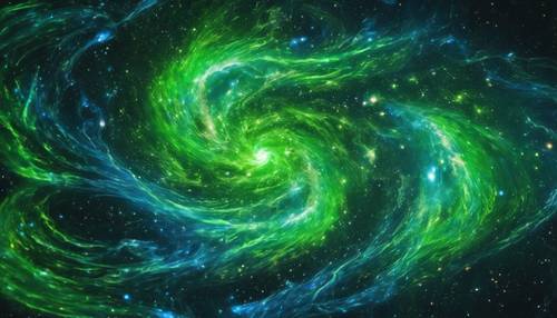 Ein neongrüner und elektrisch blauer kosmischer Nebel wirbelte durch den Weltraum.