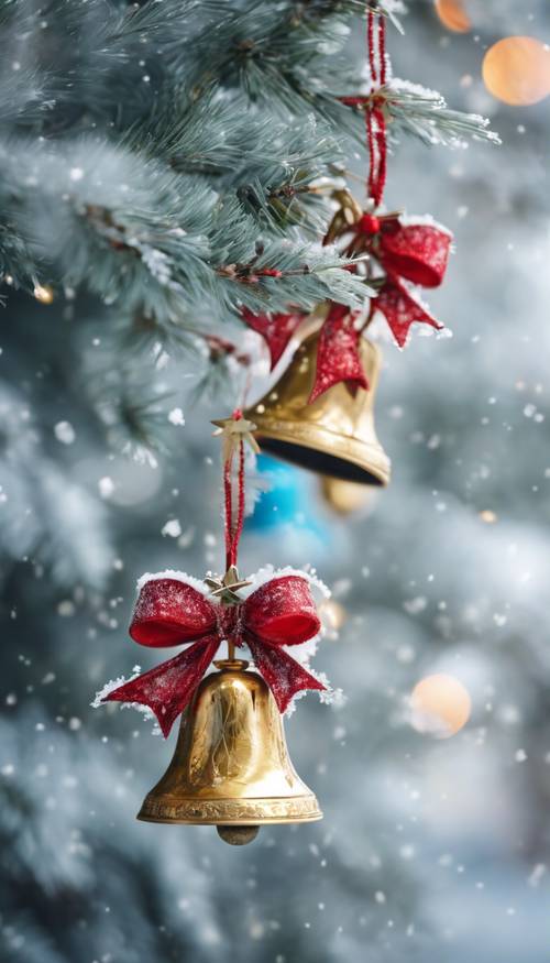 Campanas navideñas ornamentales y coloridas colgando de la rama helada de un árbol.