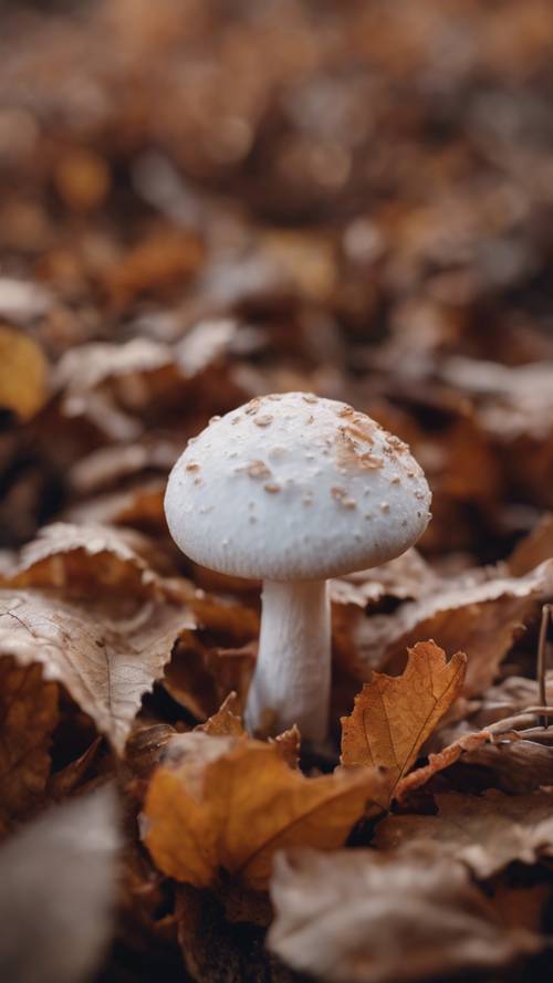 一种可爱的蘑菇，有着蓬松的白色菌盖和细长的棕色菌柄，从一堆新鲜、清脆的秋叶中探出头来。