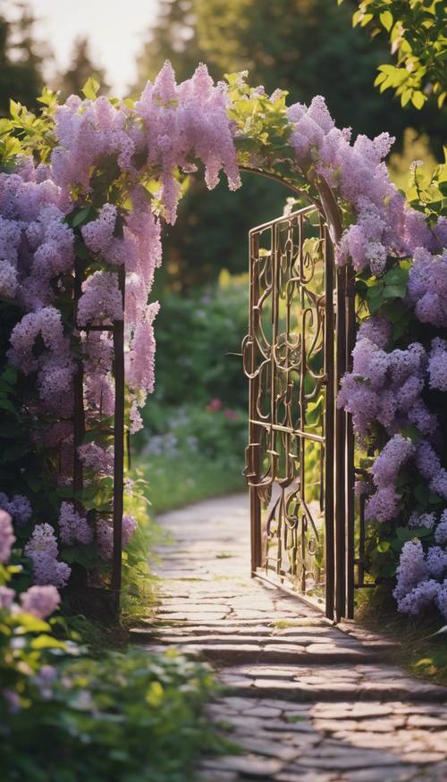 Una puerta de jardín se abría a un camino bordeado de lilas en flor.