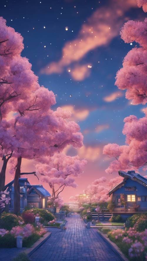 A kawaii-themed landscape under a dark blue twilight sky